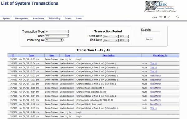 Screen shot of transaction log.